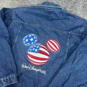 Vintage Walt Disney World Denim Jacket Mickey Mouse USA Flag Embroidered Adult M
